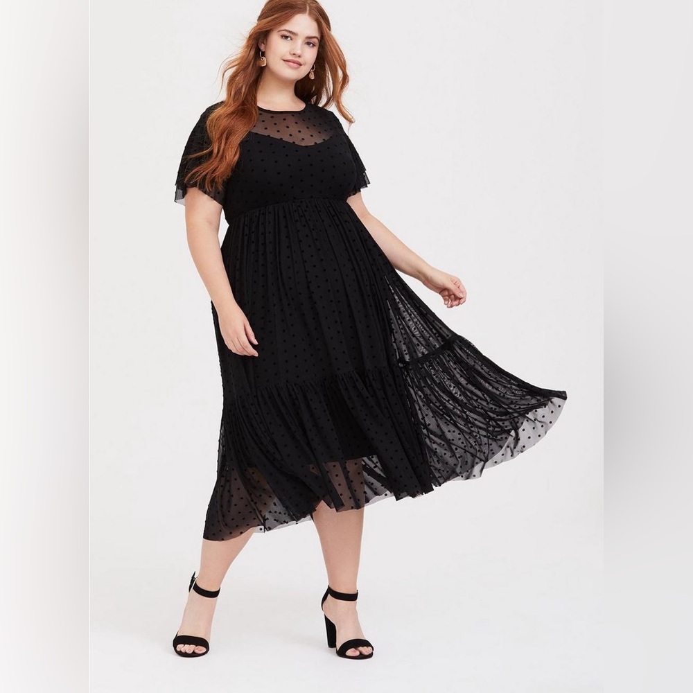 Torrid Black Sheer Polka Dot Midi Dress